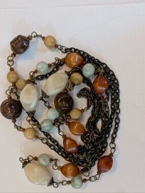 Vtg Bohemian Long Opera  Style Necklace Amber, Nuggets Cats Eye Chrysoberyl